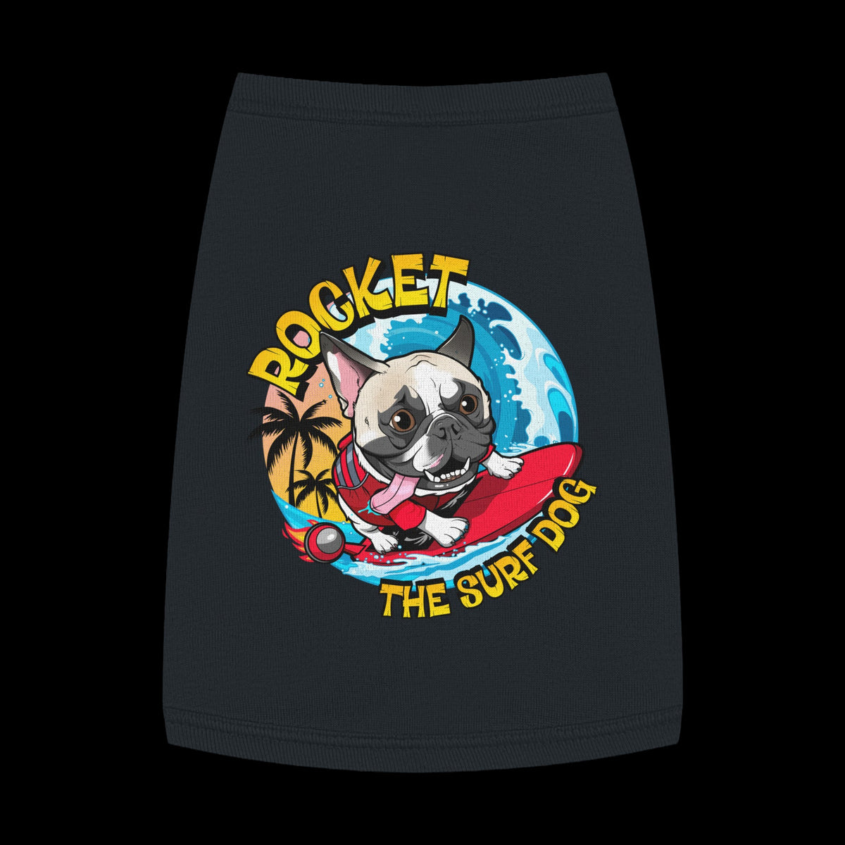 A black pet shirt featuring a colorful graphic of a French Bulldog surfing on a red board with the text 'ROCKET THE SURF DOG' in yellow and blue.