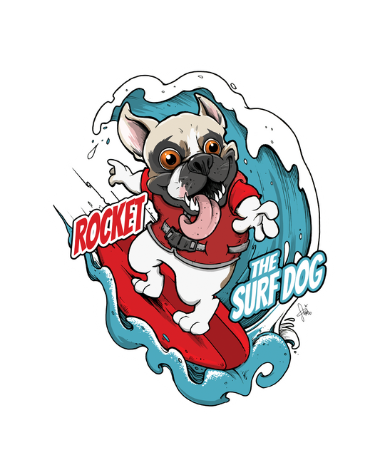 A sticker featuring a cartoon-style illustration of a French bulldog surfing on a red board inside a blue wave, with the words 'ROCKET' and 'THE SURF DOG'.