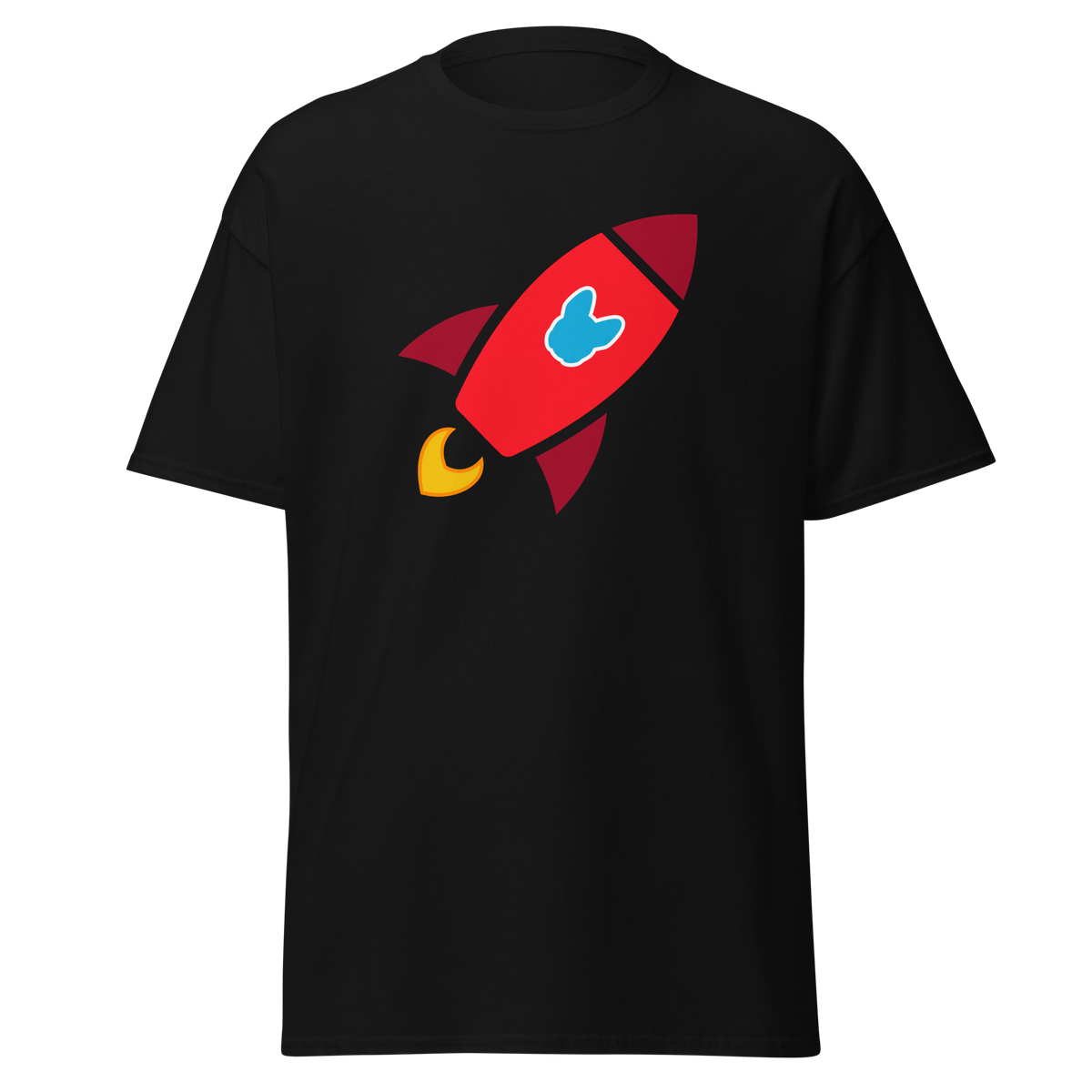 A black short-sleeve crewneck t-shirt featuring a cartoon rocket graphic on the chest. The rocket is primarily red with dark red accents, a light blue Frenchie-shaped logo in the center, and yellow flames at the base.