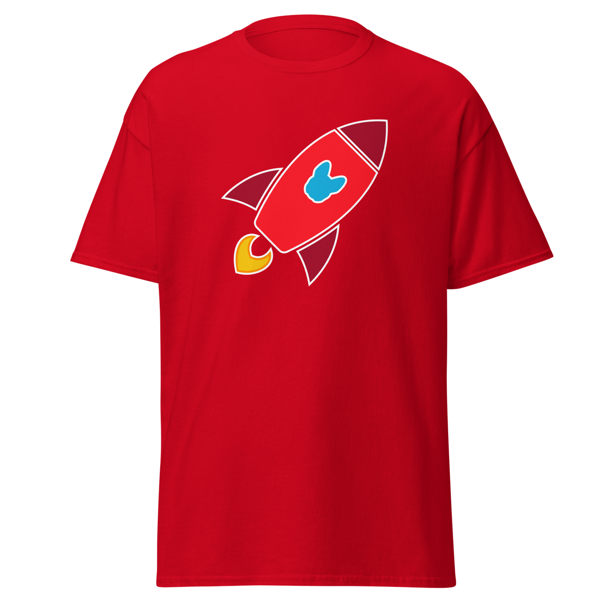 A red short-sleeve crewneck t-shirt featuring a cartoon rocket graphic on the chest. The rocket is primarily red with dark red accents, a light blue Frenchie-shaped logo in the center, and yellow flames at the base.