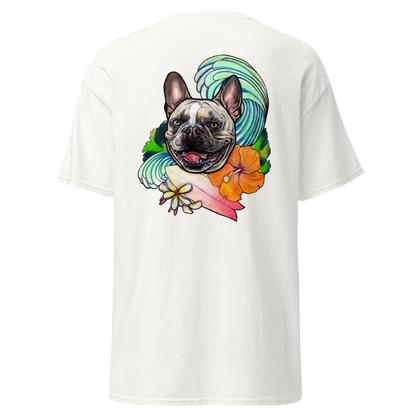 A white short-sleeve t-shirt shown from the back, featuring a large graphic print of a French Bulldog surrounded by a turquoise wave, an orange hibiscus flower, and a pink surfboard.