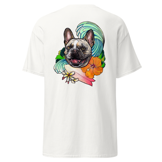 A white short-sleeve t-shirt shown from the back, featuring a large graphic print of a French Bulldog surrounded by a turquoise wave, an orange hibiscus flower, and a pink surfboard.