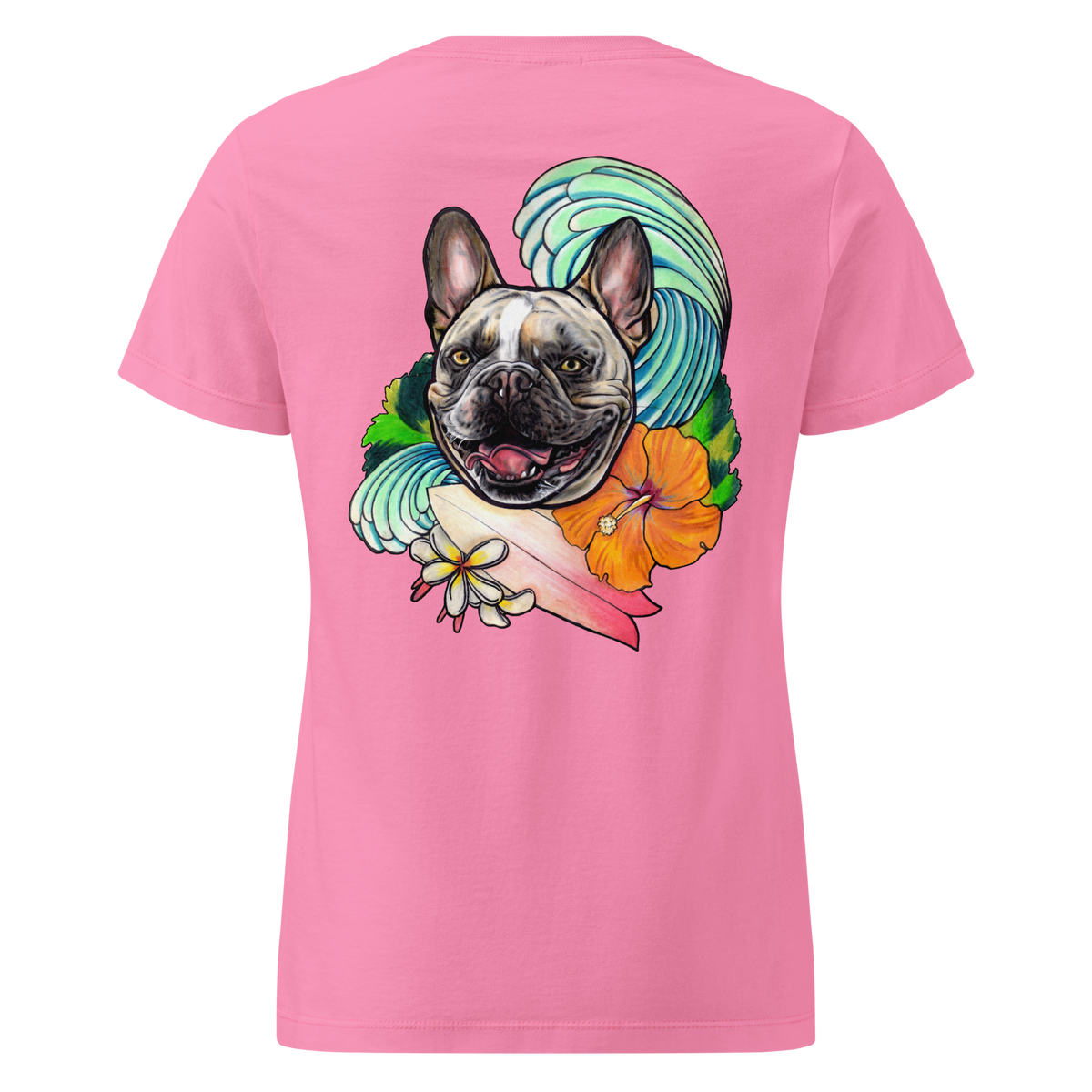 A pink short-sleeve t-shirt shown from the back, featuring a large graphic print of a French Bulldog surrounded by a turquoise wave, an orange hibiscus flower, and a pink surfboard.