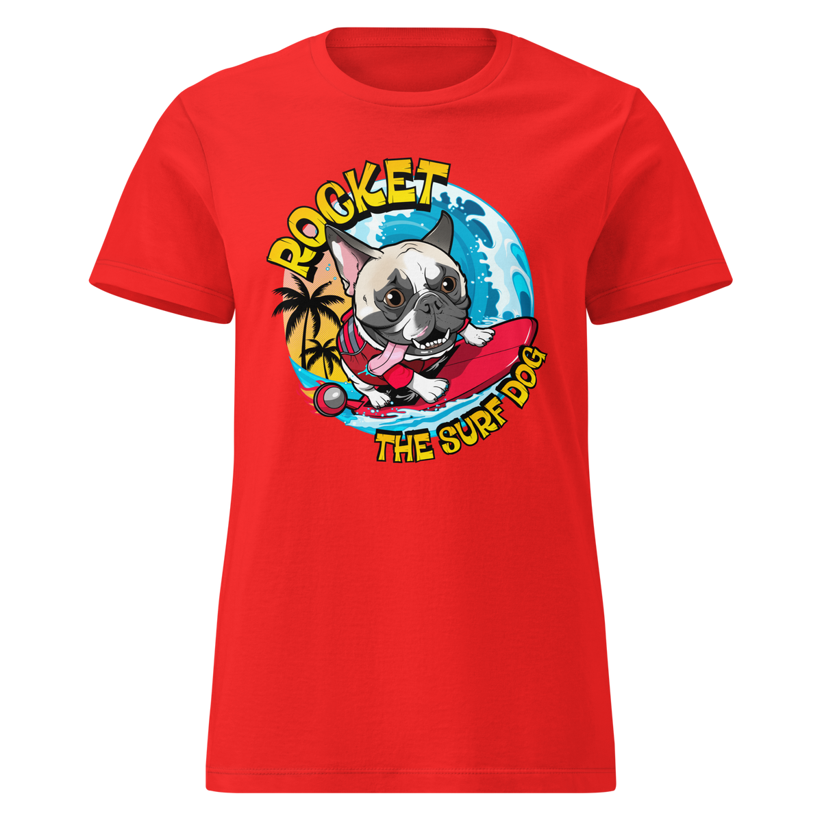 A red short-sleeve crewneck t-shirt featuring a cartoon graphic of a French Bulldog surfing on a red board with the text 'ROCKET THE SURF DOG' in yellow and white.