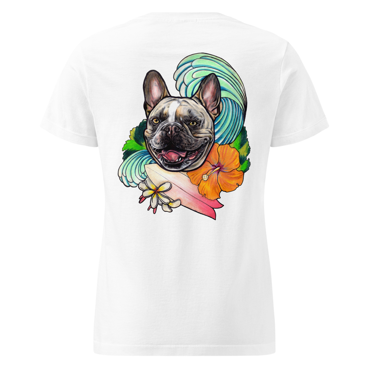 A white short-sleeve t-shirt shown from the back, featuring a large graphic print of a French Bulldog surrounded by a turquoise wave, an orange hibiscus flower, and a pink surfboard.