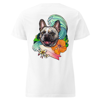 A white short-sleeve t-shirt shown from the back, featuring a large graphic print of a French Bulldog surrounded by a turquoise wave, an orange hibiscus flower, and a pink surfboard.
