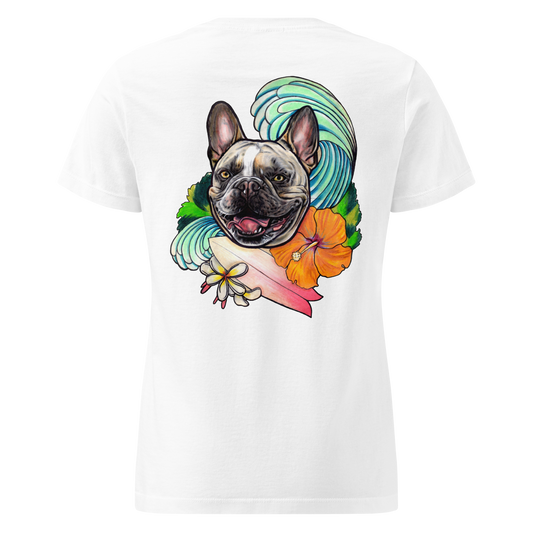 A white short-sleeve t-shirt shown from the back, featuring a large graphic print of a French Bulldog surrounded by a turquoise wave, an orange hibiscus flower, and a pink surfboard.
