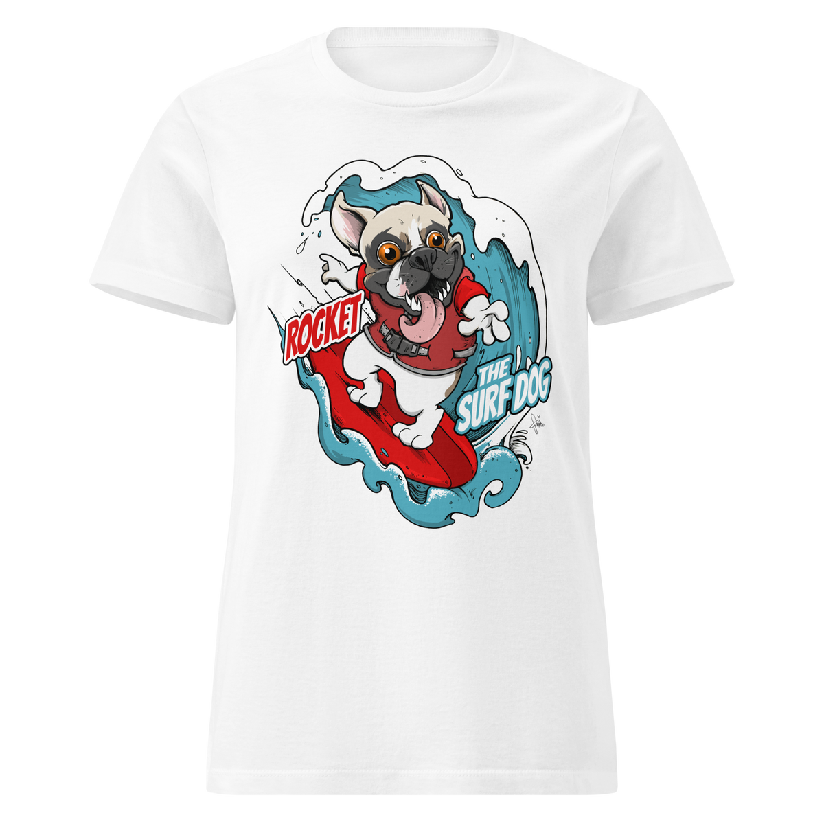 A white short-sleeve crewneck t-shirt featuring a cartoon graphic of a white French Bulldog surfing on a red board with blue waves, accompanied by the text 'ROCKET THE SURF DOG'.