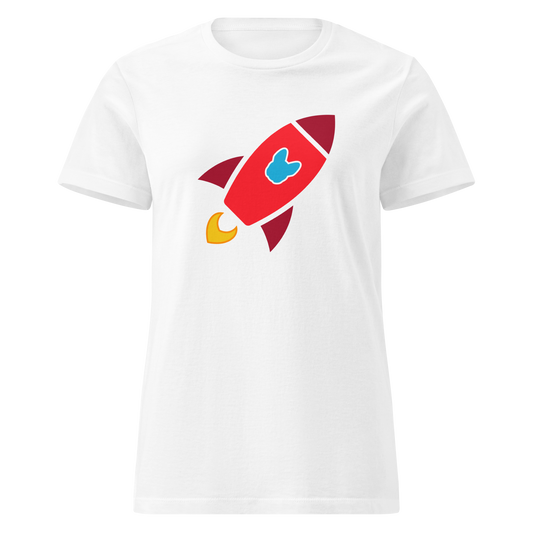 A white short-sleeve crewneck t-shirt featuring a cartoon rocket ship graphic on the chest. The rocket has a light blue Frenchie-shaped window, maroon panels, and a small yellow flame exhaust.